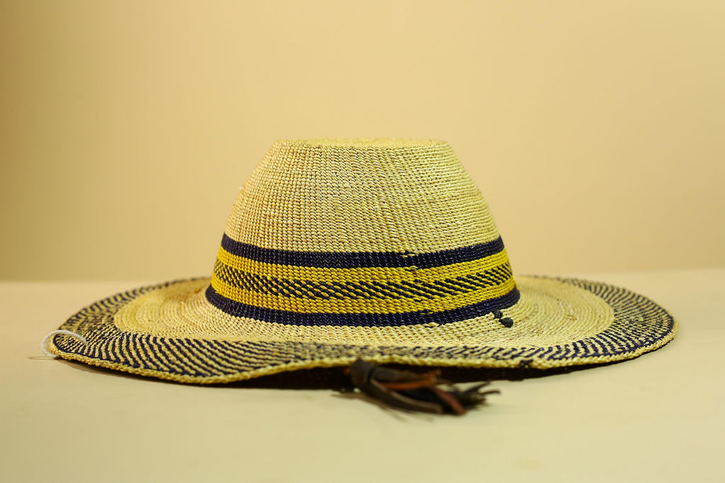 Handwoven Straw Hat Raffia Yellow Blue Stripe African Woven Summer Art Decor-G5912
