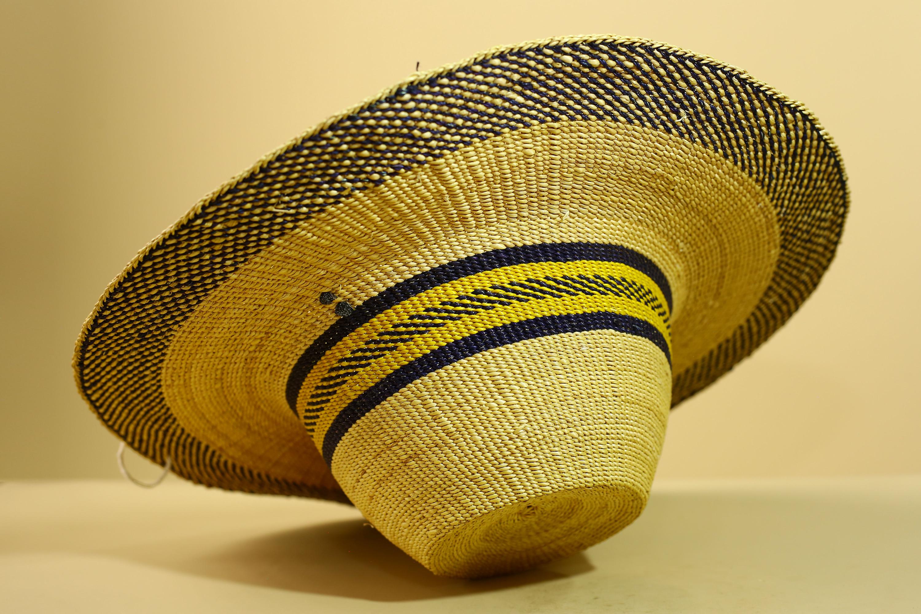 Handwoven Straw Hat Raffia Yellow Blue Stripe African Woven Summer Art Decor-G5912