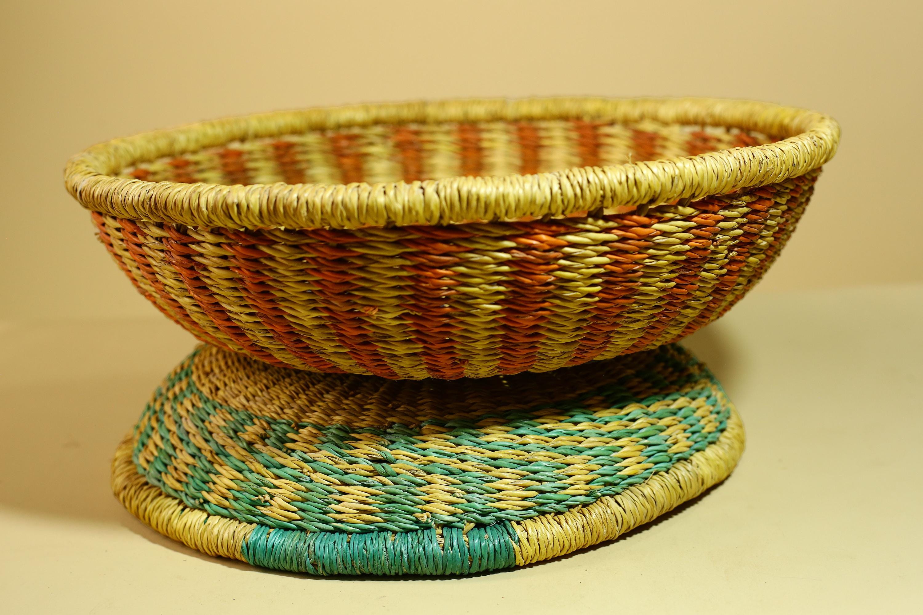 African Woven Basket Handmade Straw Storage Basket with Colorful Lid-G5916