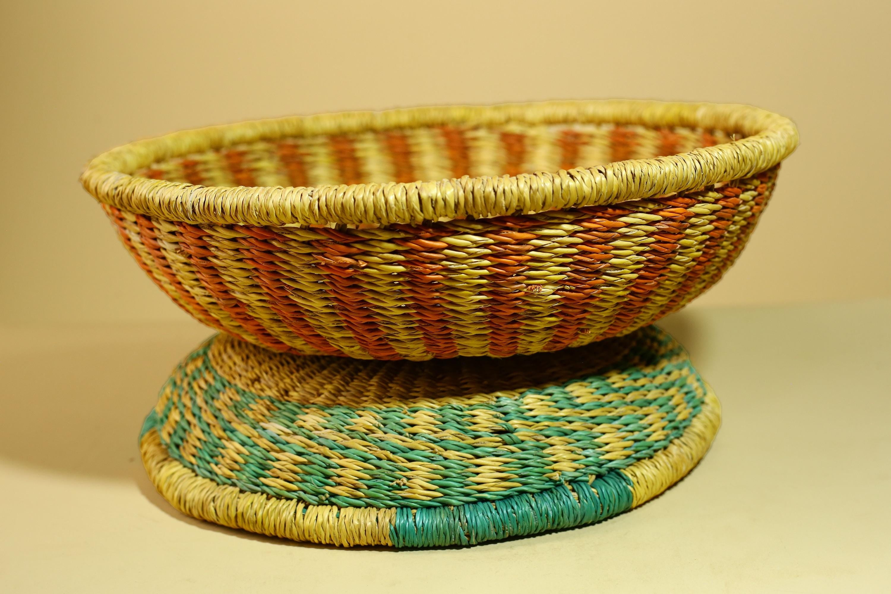 African Woven Basket Handmade Straw Storage Basket with Colorful Lid-G5916