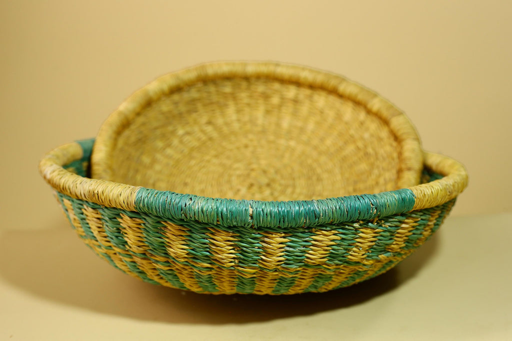 African Woven Basket Teal Straw Storage Basket Handmade Tribal Decor-G5917