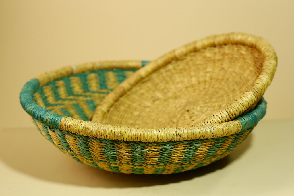 African Woven Basket Teal Straw Storage Basket Handmade Tribal Decor-G5917