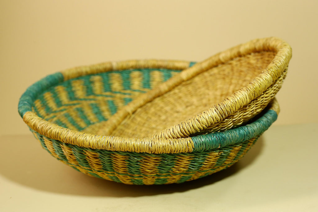 African Woven Basket Teal Straw Storage Basket Handmade Tribal Decor-G5917