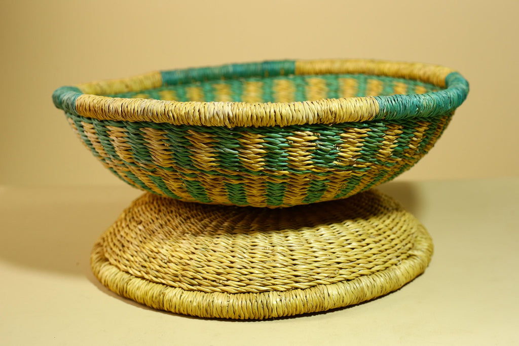 African Woven Basket Teal Straw Storage Basket Handmade Tribal Decor-G5917