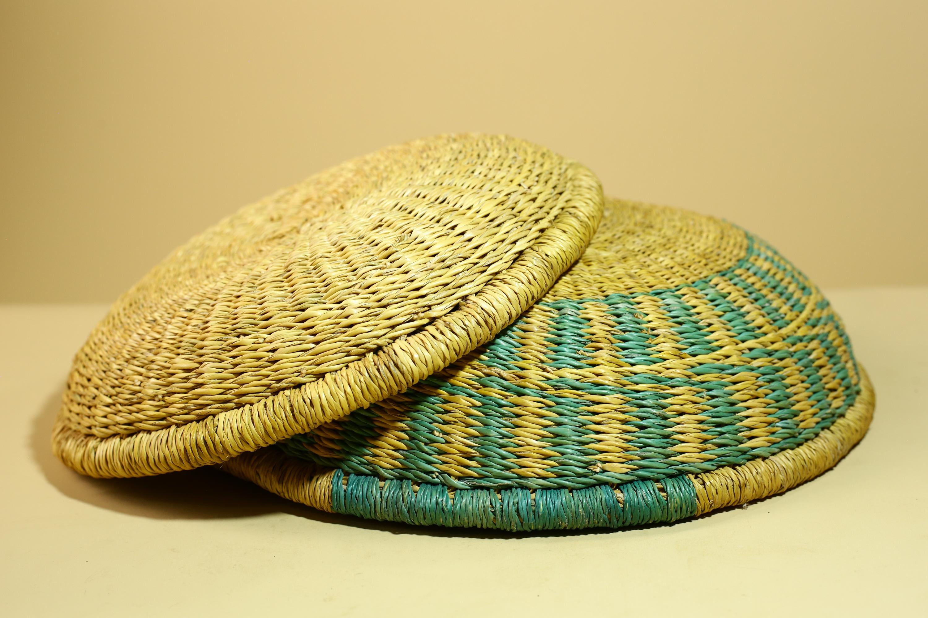 African Woven Basket Teal Straw Storage Basket Handmade Tribal Decor-G5917