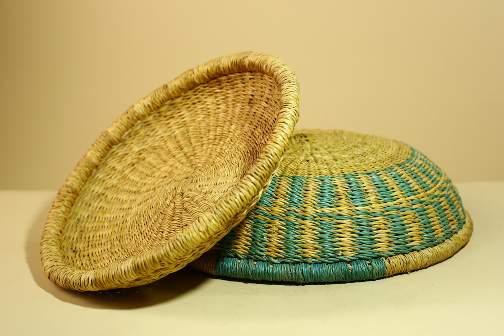 African Woven Basket Teal Straw Storage Basket Handmade Tribal Decor-G5917