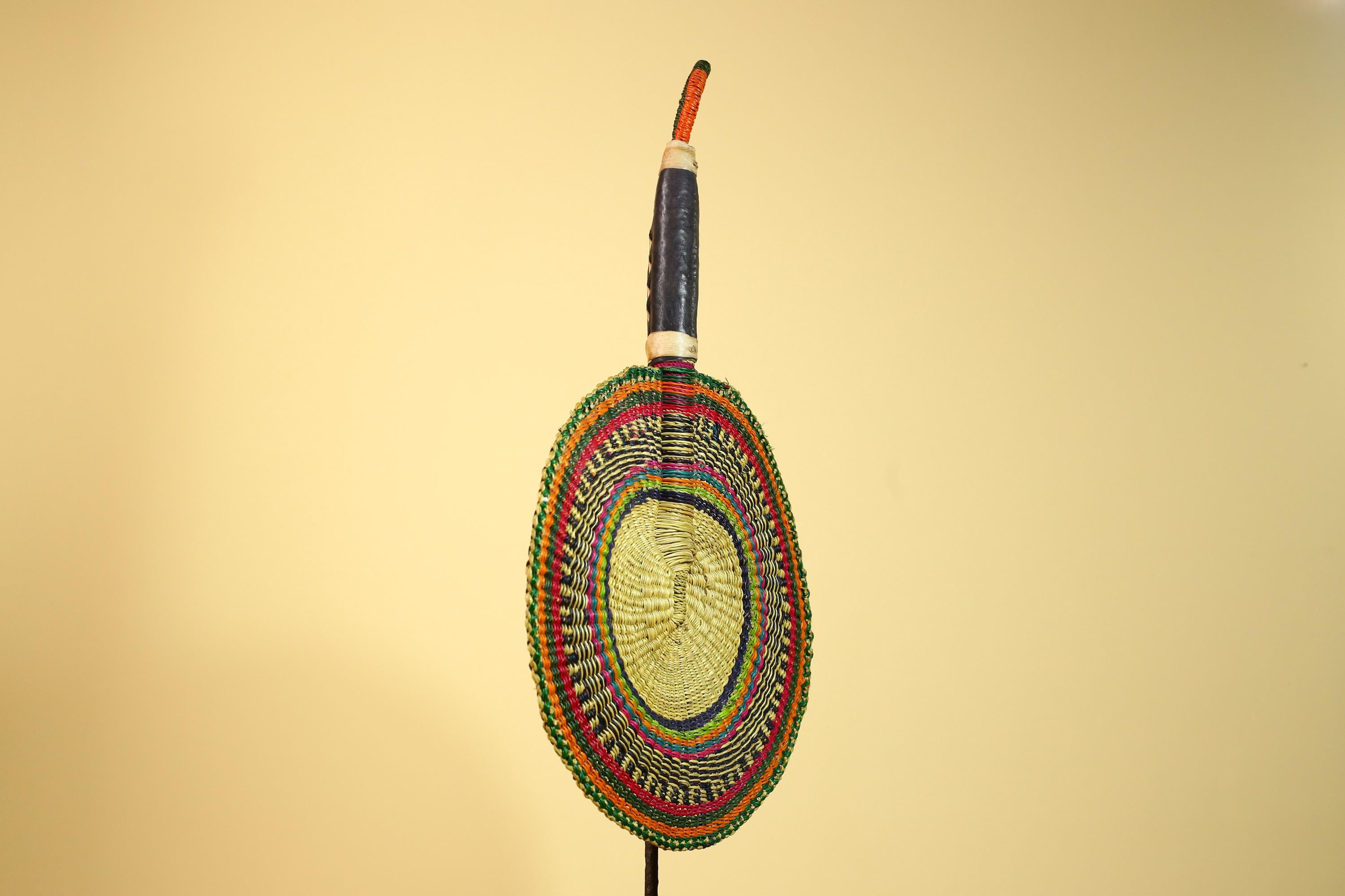 African Woven Fan Colorful Straw Handcrafted Decor Wall Display Tribal Art-G5921