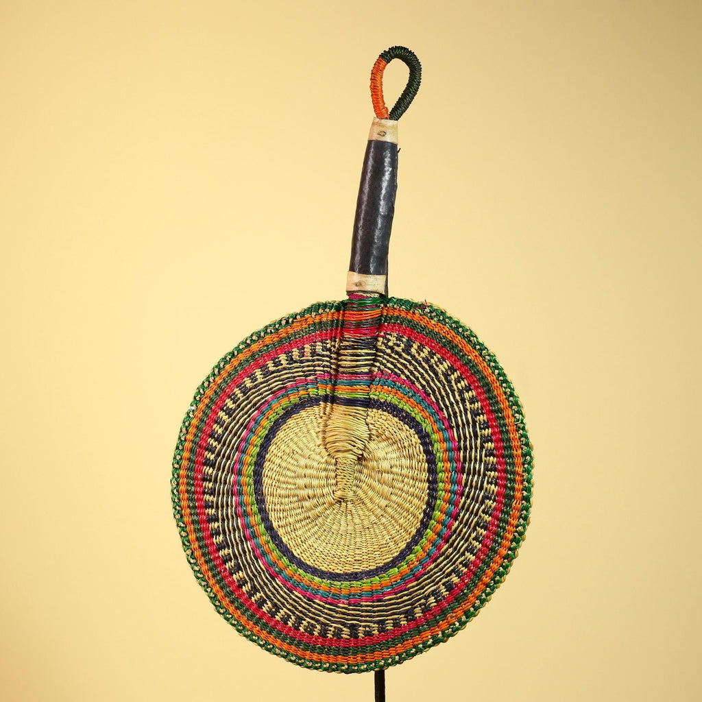 African Woven Fan Colorful Straw Handcrafted Decor Wall Display Tribal Art-G5921