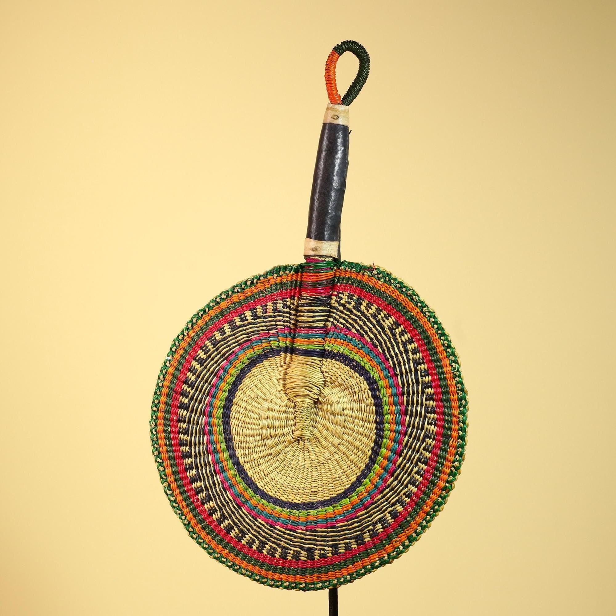 African Woven Fan Colorful Straw Handcrafted Decor Wall Display Tribal Art-G5921