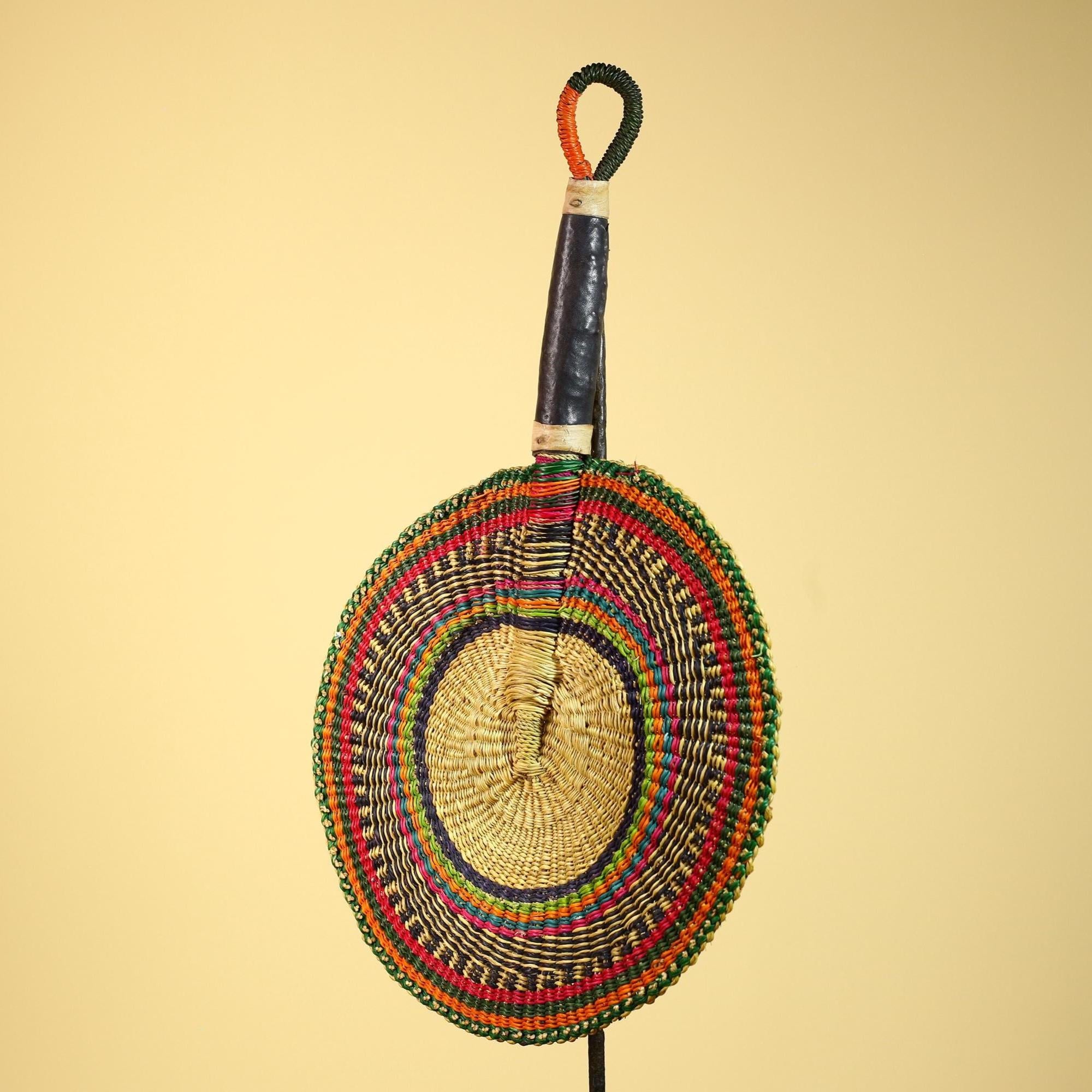African Woven Fan Colorful Straw Handcrafted Decor Wall Display Tribal Art-G5921