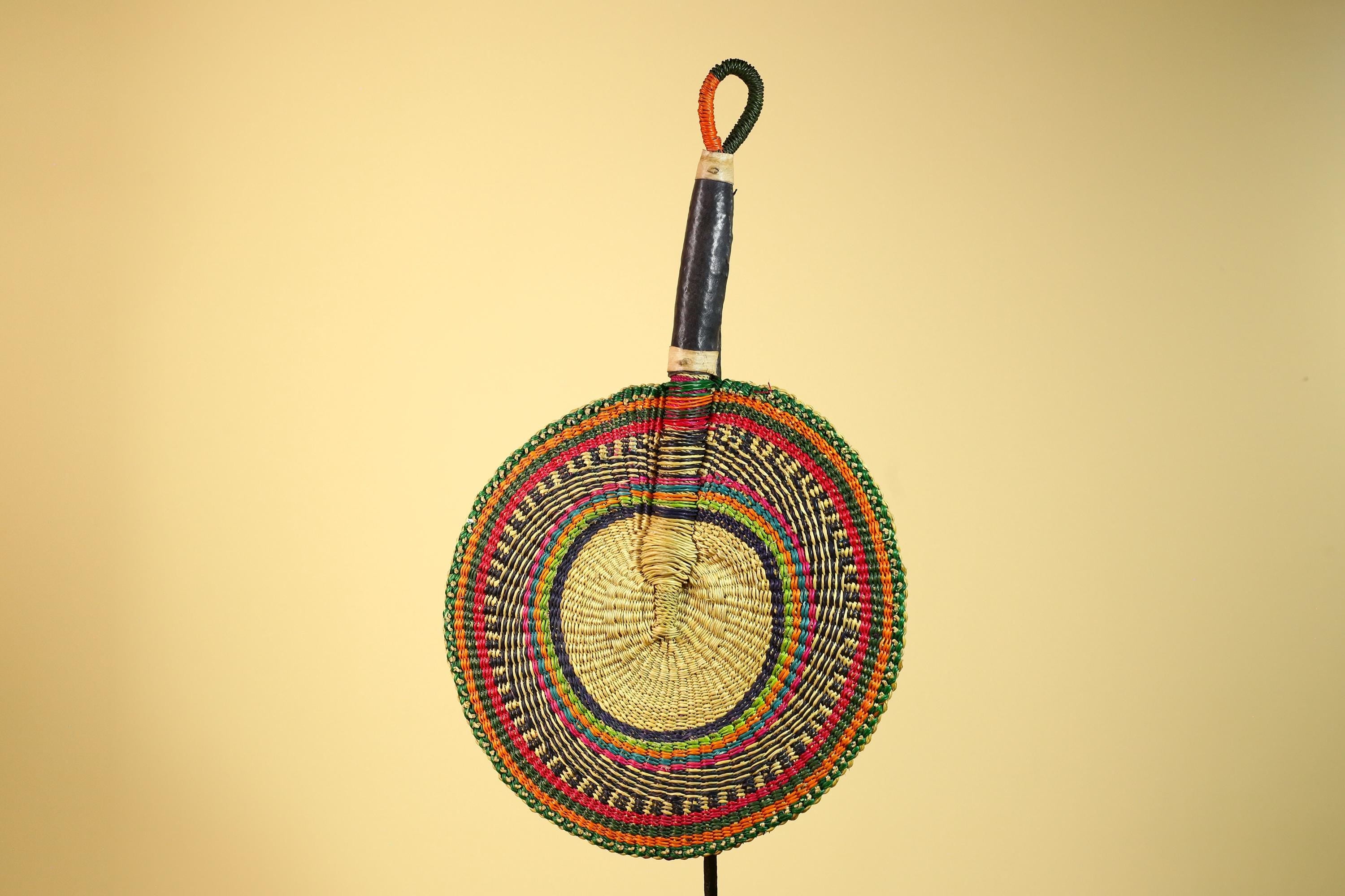 African Woven Fan Colorful Straw Handcrafted Decor Wall Display Tribal Art-G5921