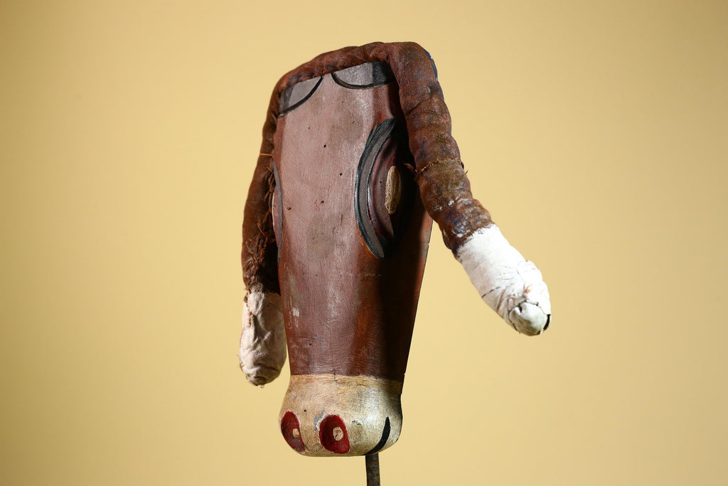 African Tribal Mask Carved Wood Horns Raffia Details Congo Wall Decor-G5924