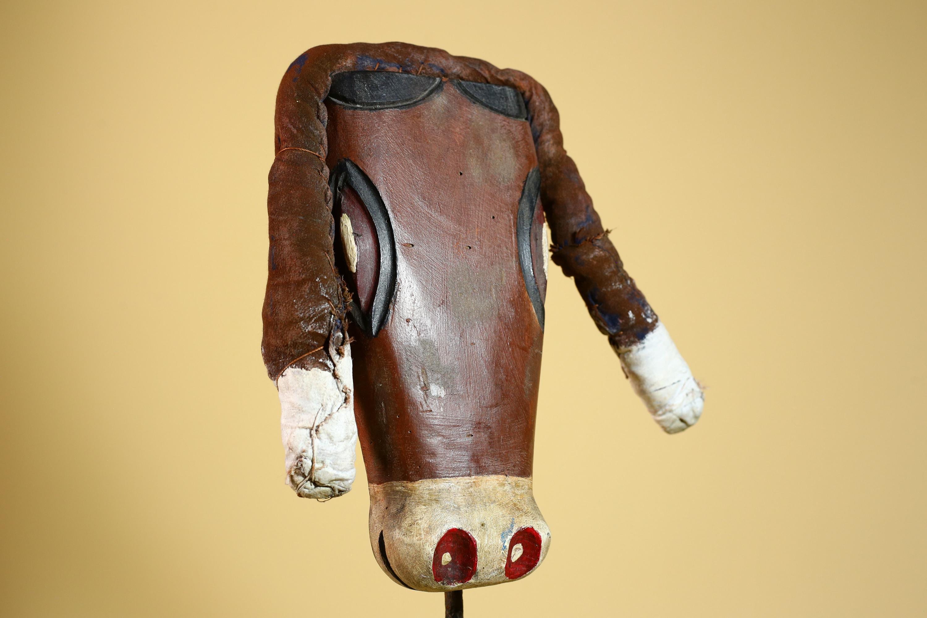 African Tribal Mask Carved Wood Horns Raffia Details Congo Wall Decor-G5924