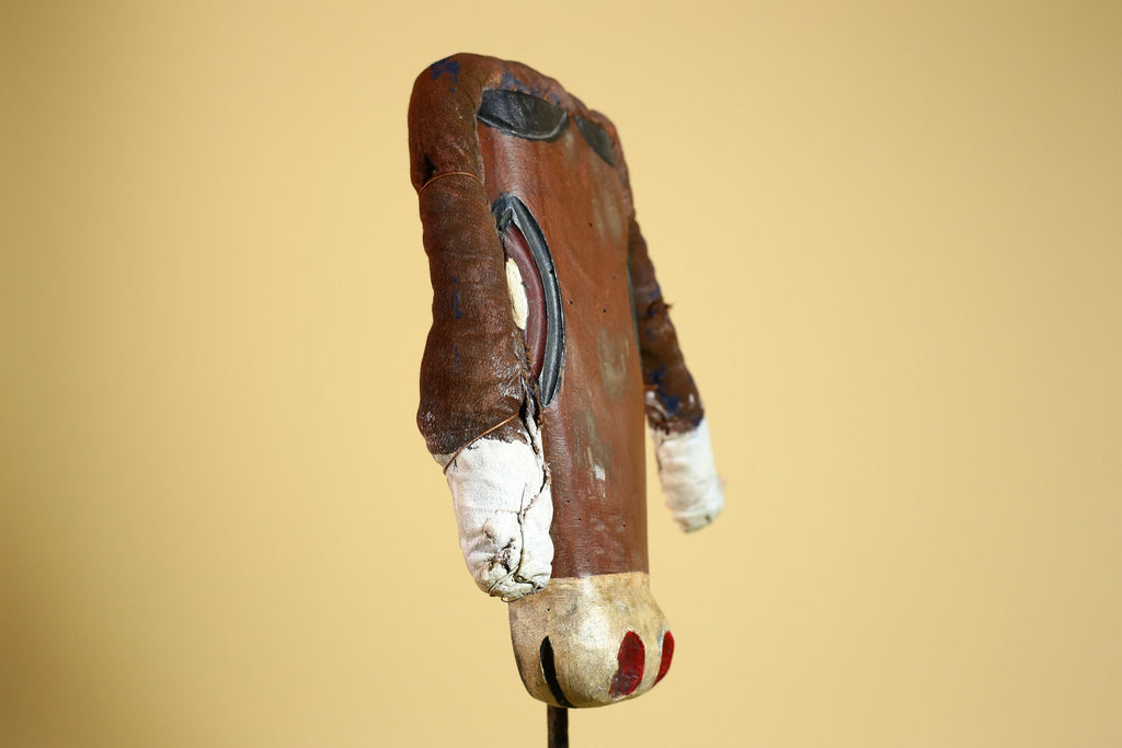 African Tribal Mask Carved Wood Horns Raffia Details Congo Wall Decor-G5924