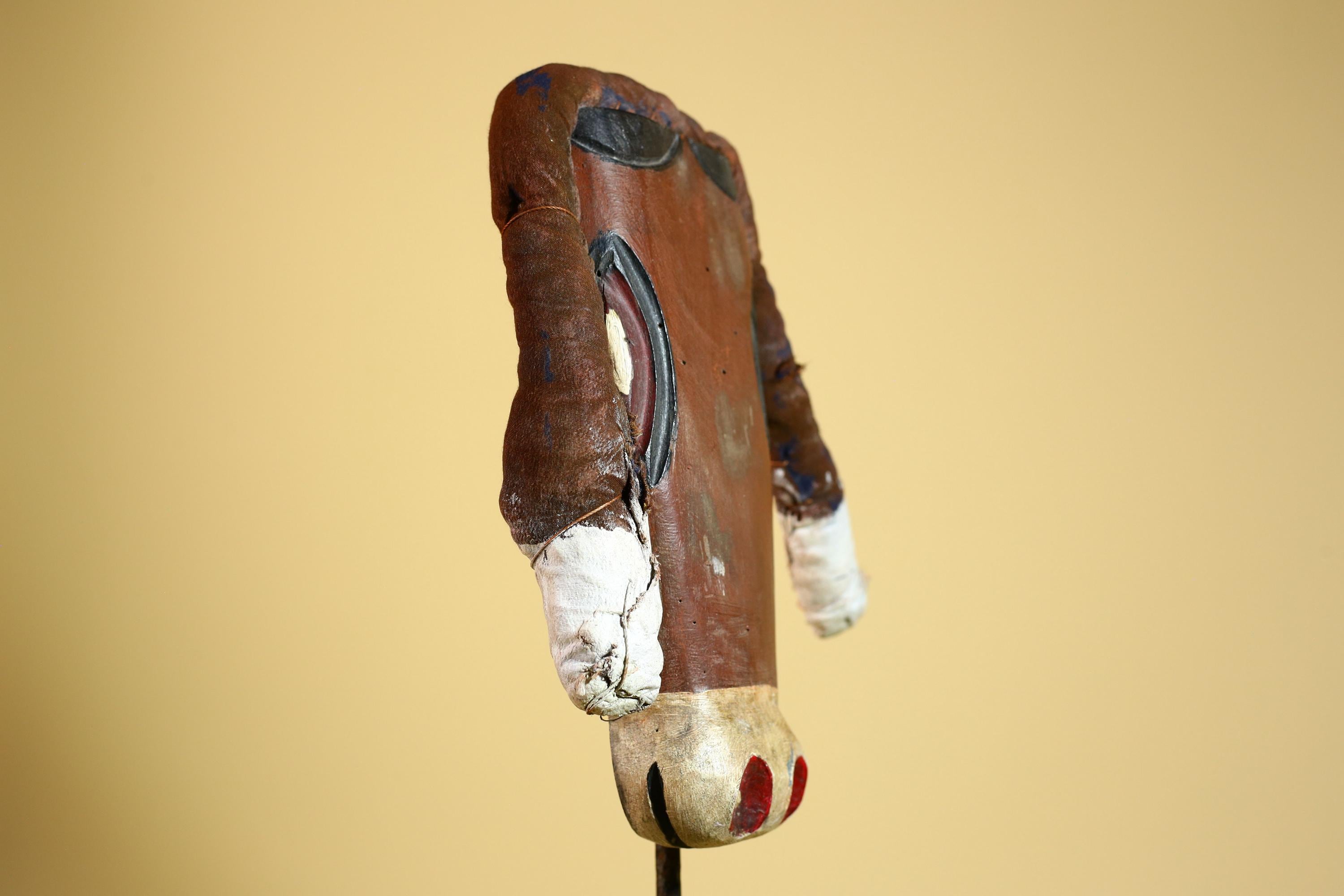 African Tribal Mask Carved Wood Horns Raffia Details Congo Wall Decor-G5924