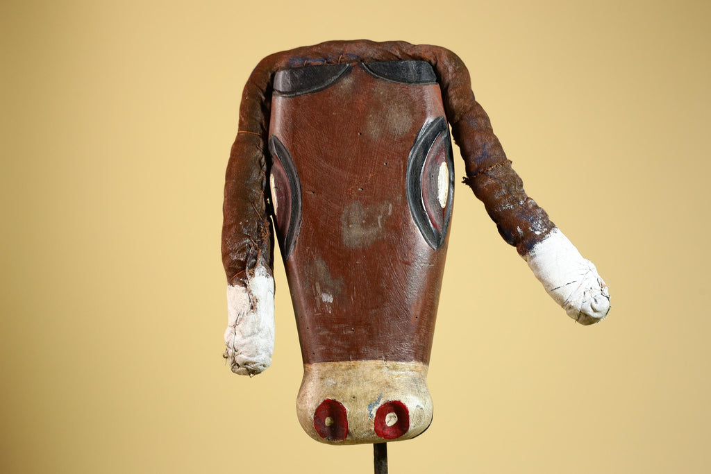 African Tribal Mask Carved Wood Horns Raffia Details Congo Wall Decor-G5924