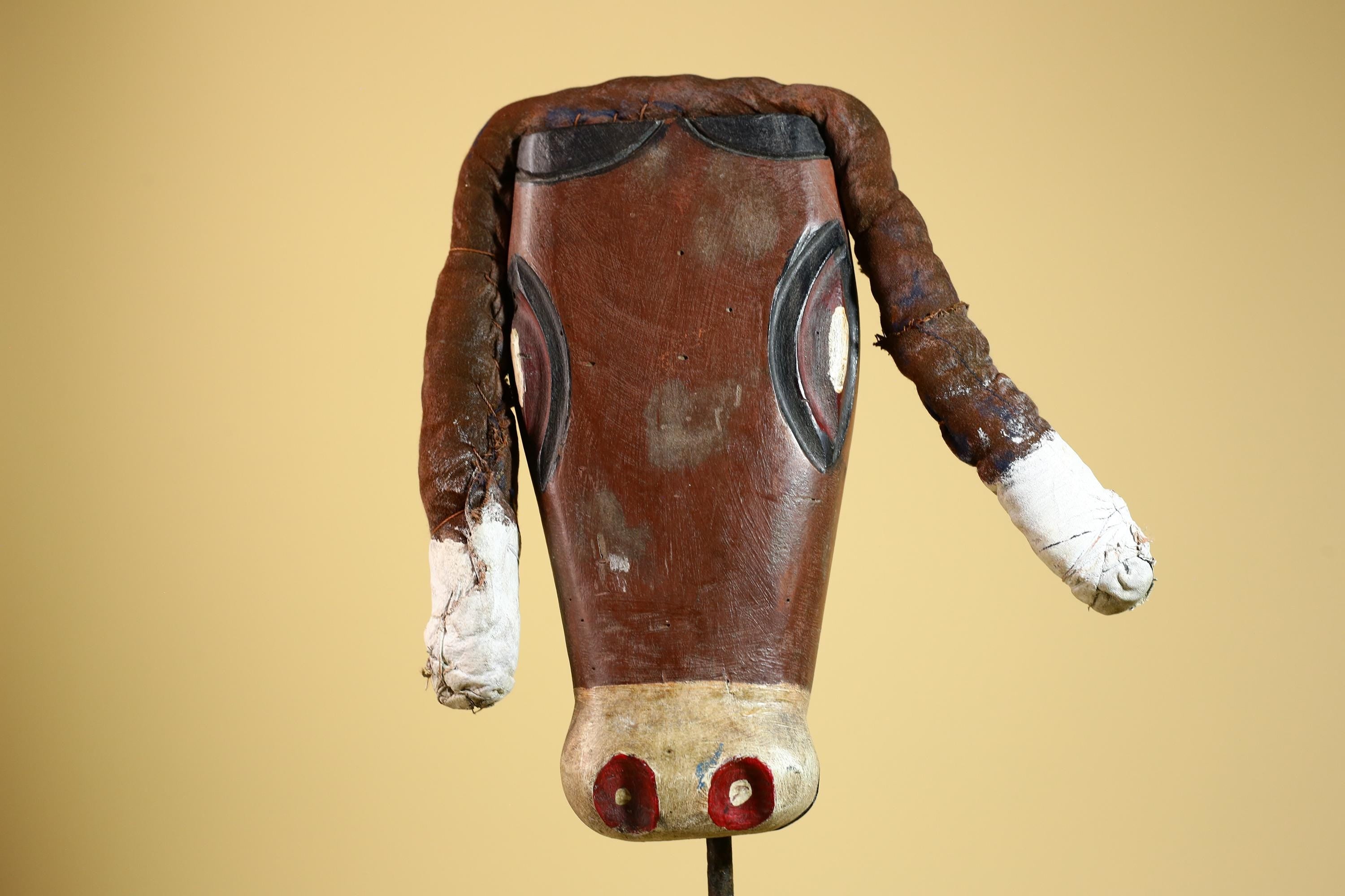African Tribal Mask Carved Wood Horns Raffia Details Congo Wall Decor-G5924