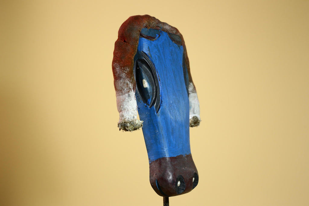 African Tribal Mask Carved Wood Blue Painted Design West Africa Wall Decor-G5926