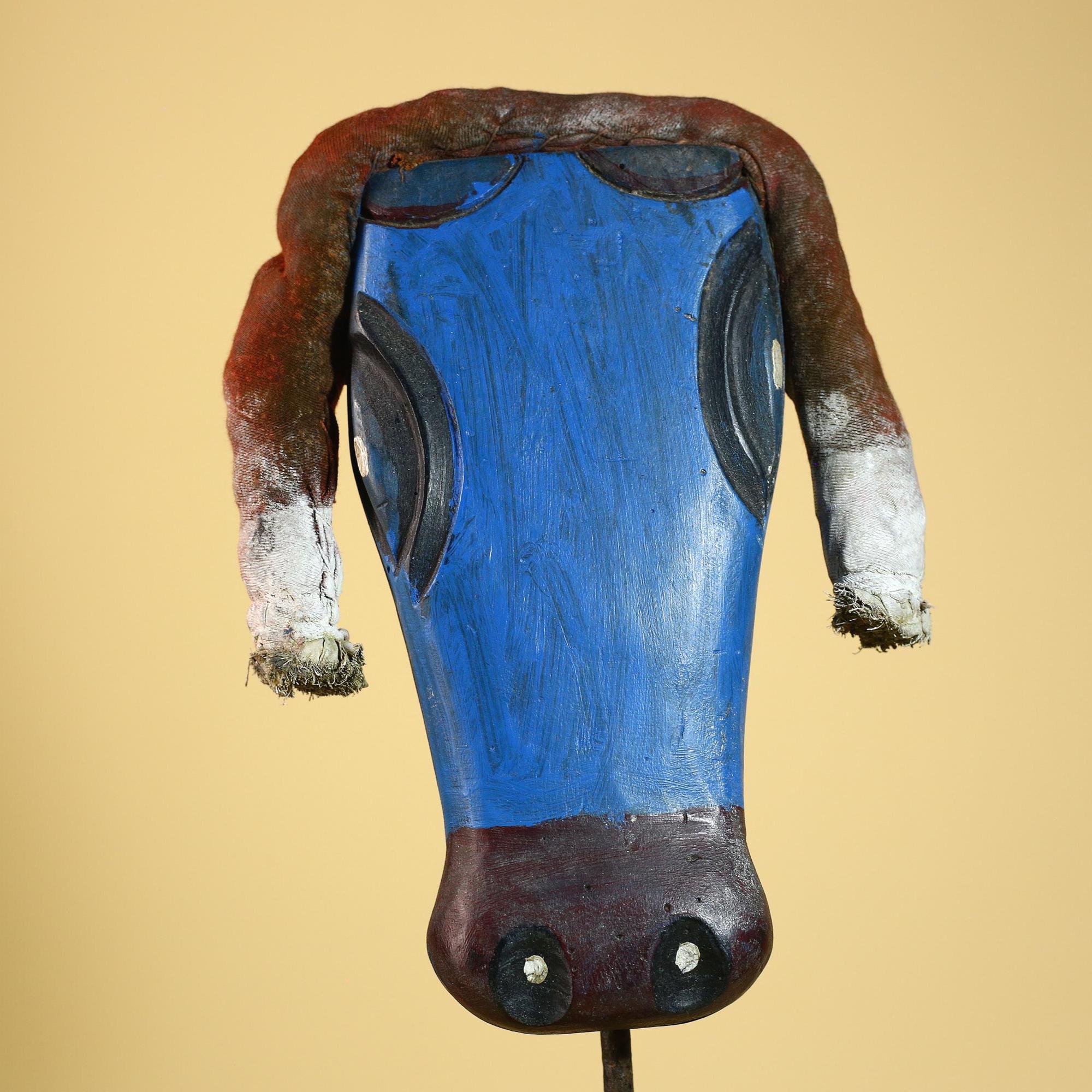 African Tribal Mask Carved Wood Blue Painted Design West Africa Wall Decor-G5926