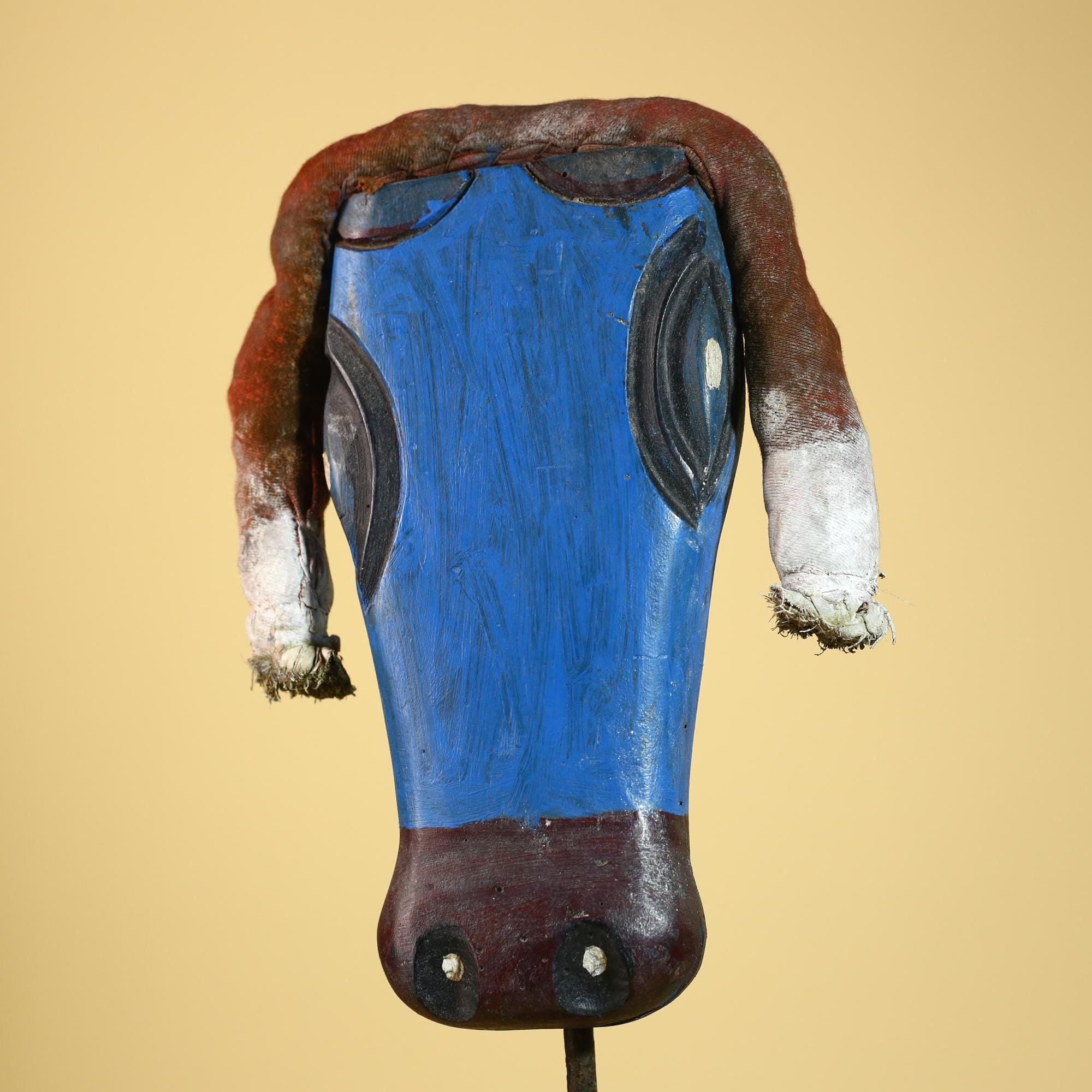 African Tribal Mask Carved Wood Blue Painted Design West Africa Wall Decor-G5926