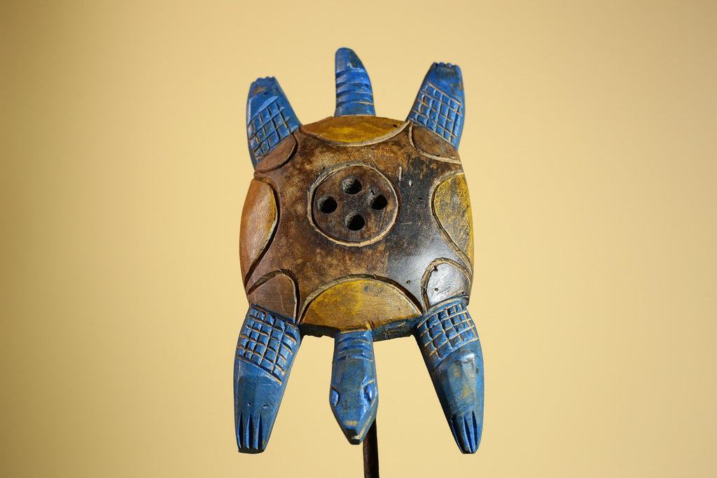 African Turtle Statue Carved Wood Painted Blue Côte d’Ivoire Tribal Decor-G5927