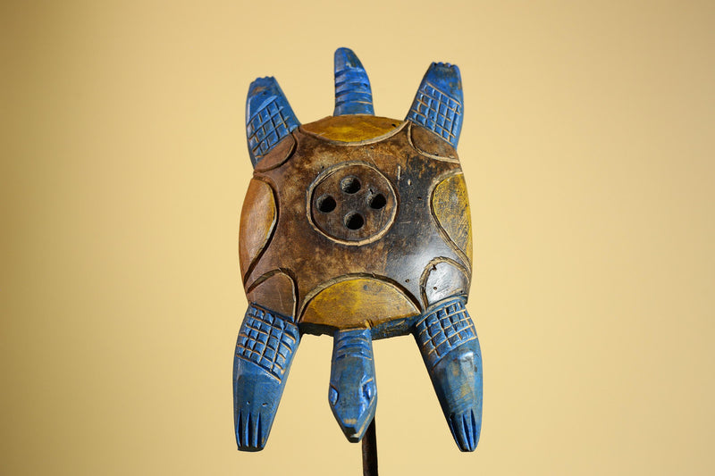 African Turtle Statue Carved Wood Painted Blue Côte d’Ivoire Tribal Decor-G5927