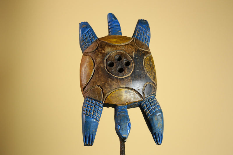 African Turtle Statue Carved Wood Painted Blue Côte d’Ivoire Tribal Decor-G5927