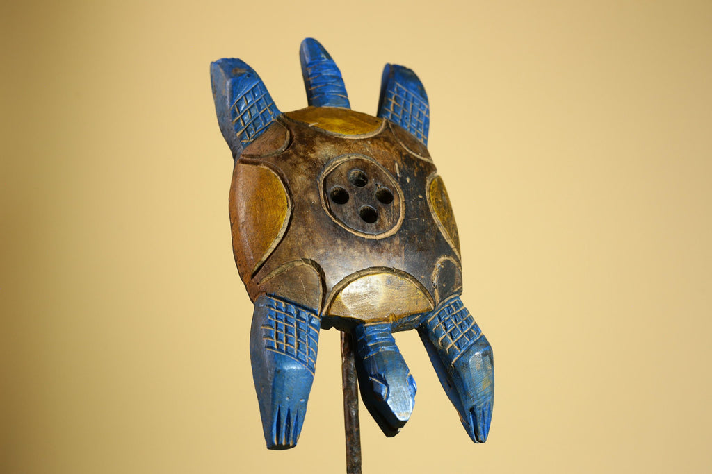 African Turtle Statue Carved Wood Painted Blue Côte d’Ivoire Tribal Decor-G5927