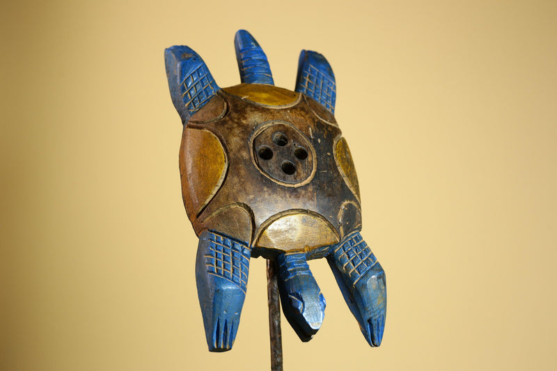 African Turtle Statue Carved Wood Painted Blue Côte d’Ivoire Tribal Decor-G5927
