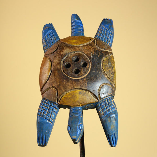 African Turtle Statue Carved Wood Painted Blue Côte d’Ivoire Tribal Decor-G5927