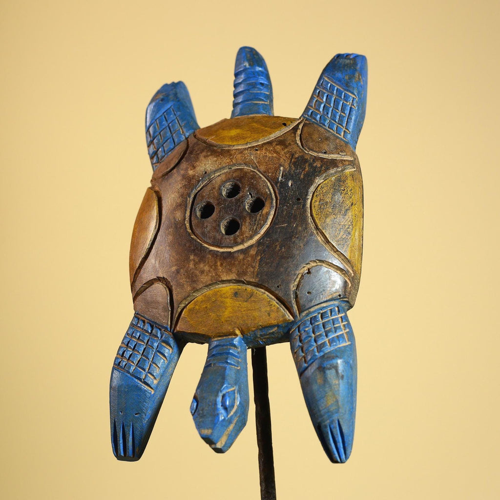 African Turtle Statue Carved Wood Painted Blue Côte d’Ivoire Tribal Decor-G5927