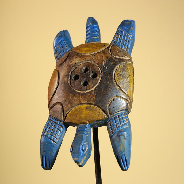 African Turtle Statue Carved Wood Painted Blue Côte d’Ivoire Tribal Decor-G5927
