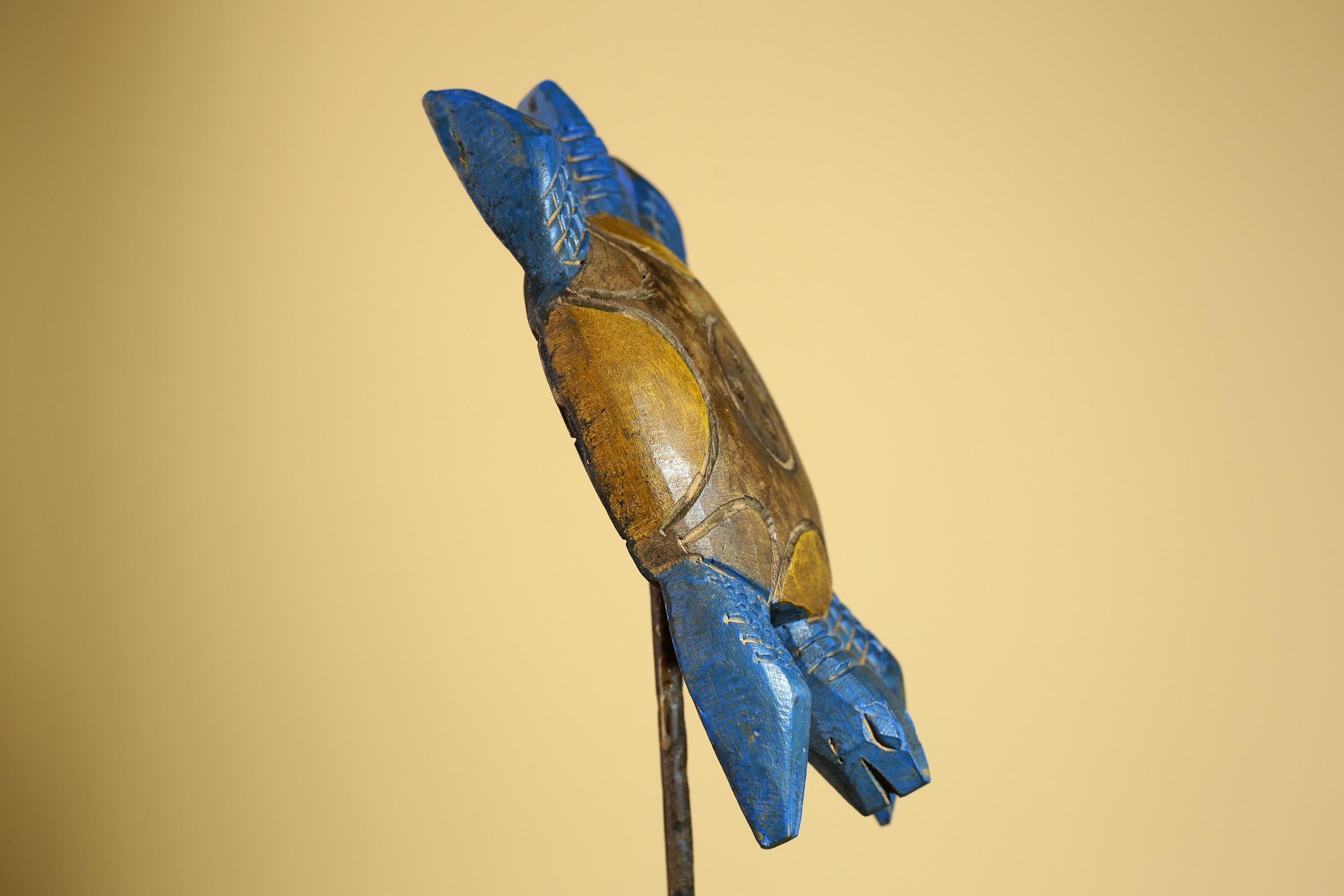 African Turtle Statue Carved Wood Painted Blue Côte d’Ivoire Tribal Decor-G5927