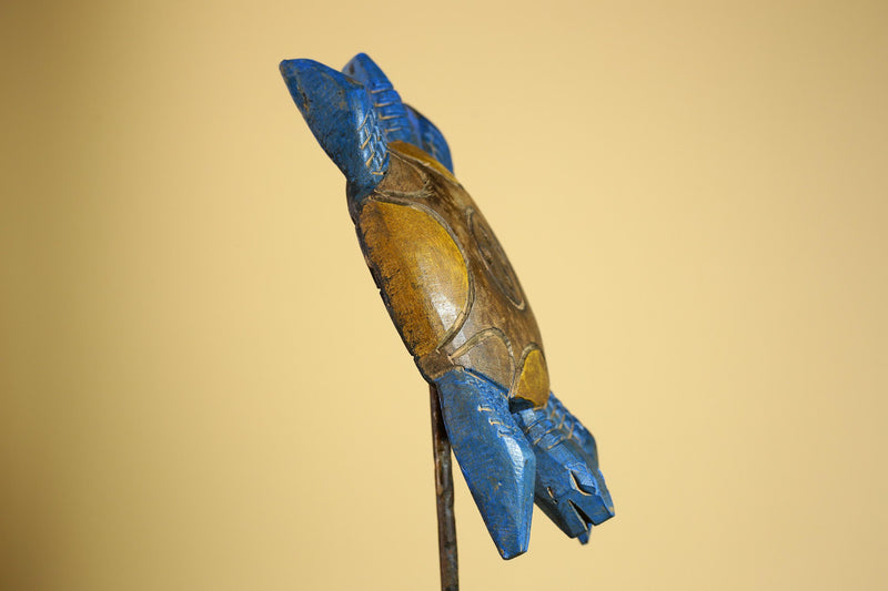 African Turtle Statue Carved Wood Painted Blue Côte d’Ivoire Tribal Decor-G5927
