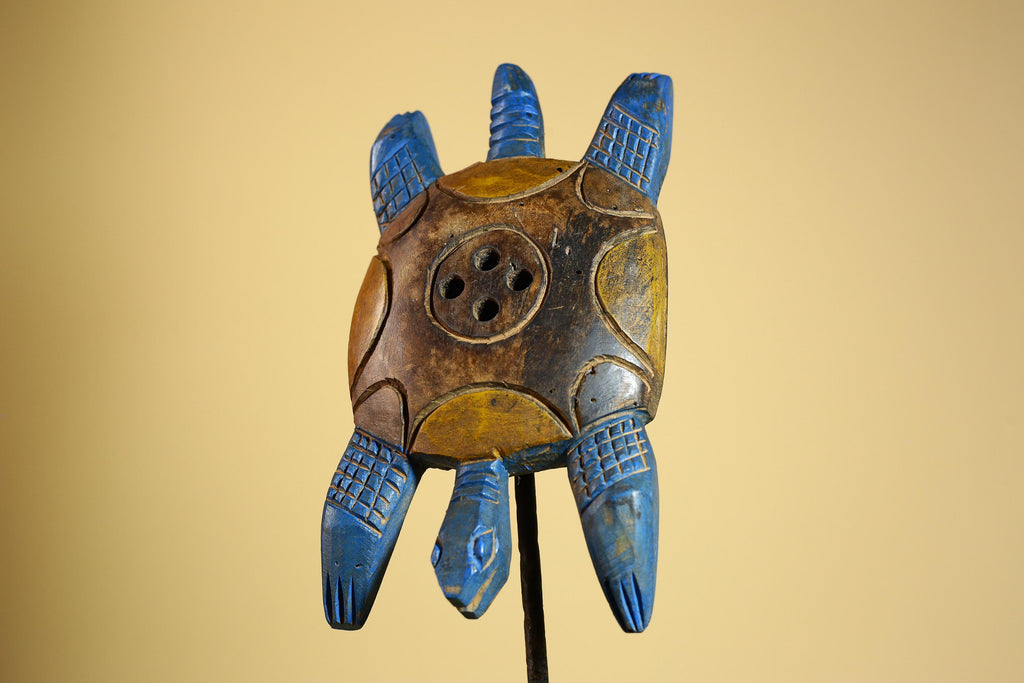 African Turtle Statue Carved Wood Painted Blue Côte d’Ivoire Tribal Decor-G5927