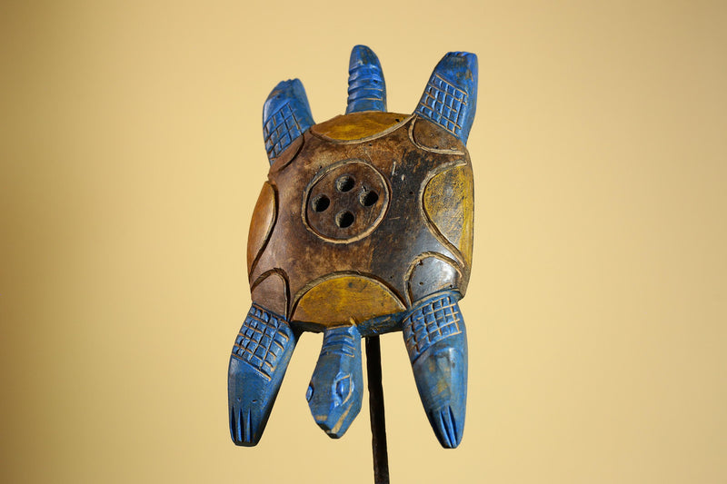African Turtle Statue Carved Wood Painted Blue Côte d’Ivoire Tribal Decor-G5927