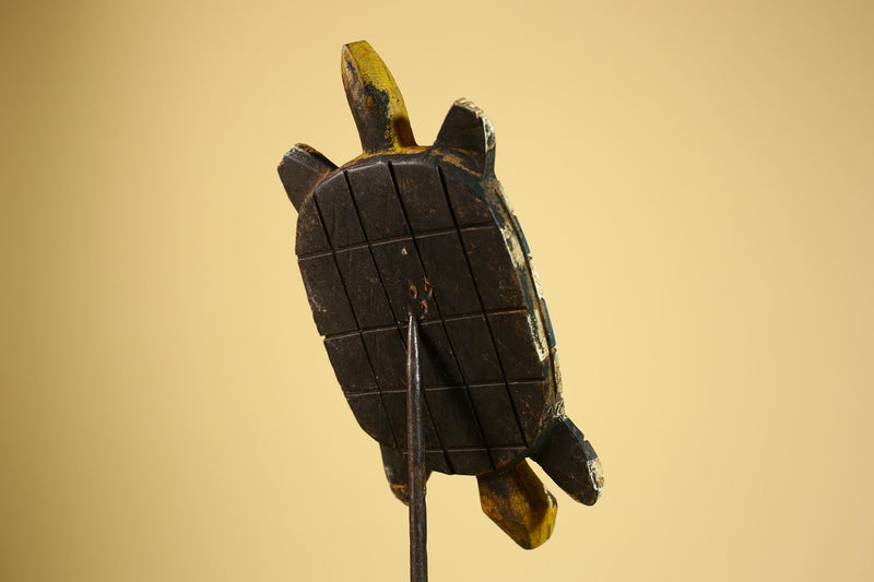 African Turtle Statue Carved Wood Checker Pattern Côte d’Ivoire Tribal Decor-G5928