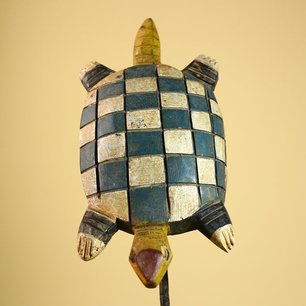 African Turtle Statue Carved Wood Checker Pattern Côte d’Ivoire Tribal Decor-G5928