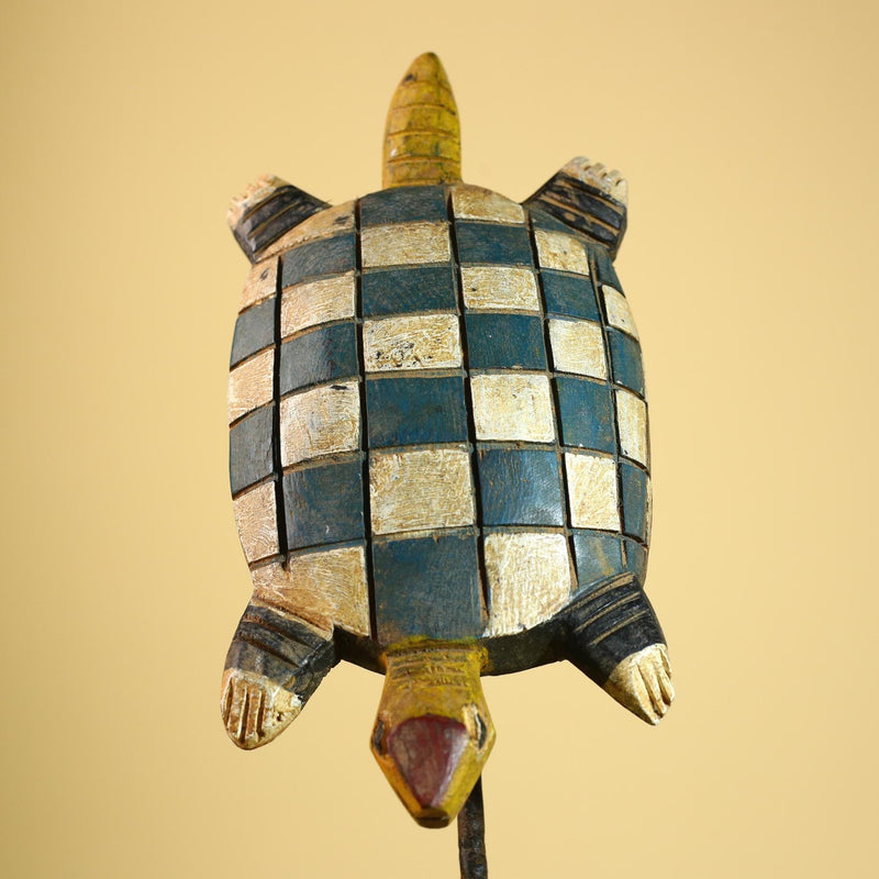 African Turtle Statue Carved Wood Checker Pattern Côte d’Ivoire Tribal Decor-G5928