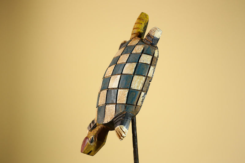 African Turtle Statue Carved Wood Checker Pattern Côte d’Ivoire Tribal Decor-G5928