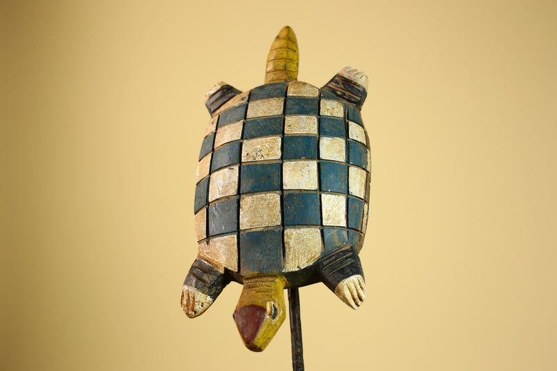 African Turtle Statue Carved Wood Checker Pattern Côte d’Ivoire Tribal Decor-G5928