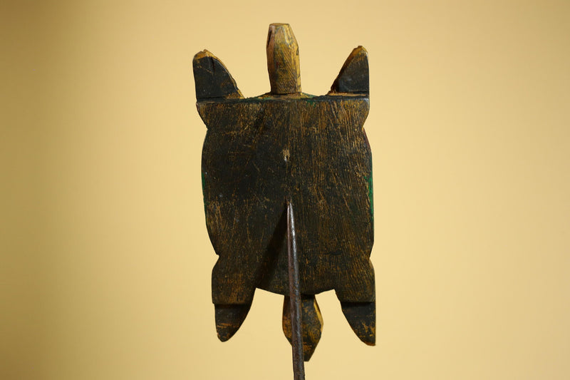 African Turtle Statue Carved Wood Colorful Design Côte d’Ivoire Tribal Art-G5929