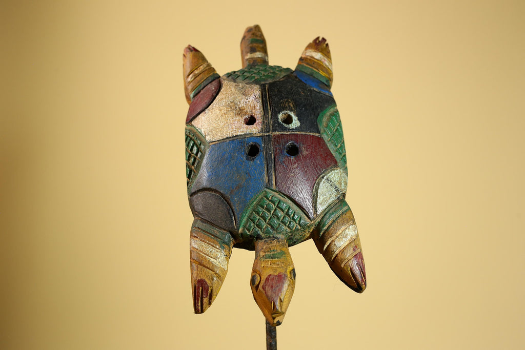 African Turtle Statue Carved Wood Colorful Design Côte d’Ivoire Tribal Art-G5929