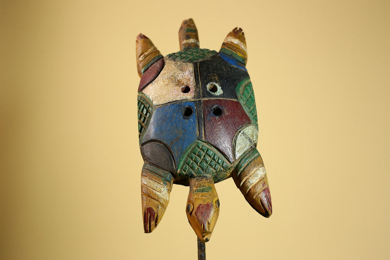 African Turtle Statue Carved Wood Colorful Design Côte d’Ivoire Tribal Art-G5929