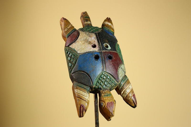 African Turtle Statue Carved Wood Colorful Design Côte d’Ivoire Tribal Art-G5929