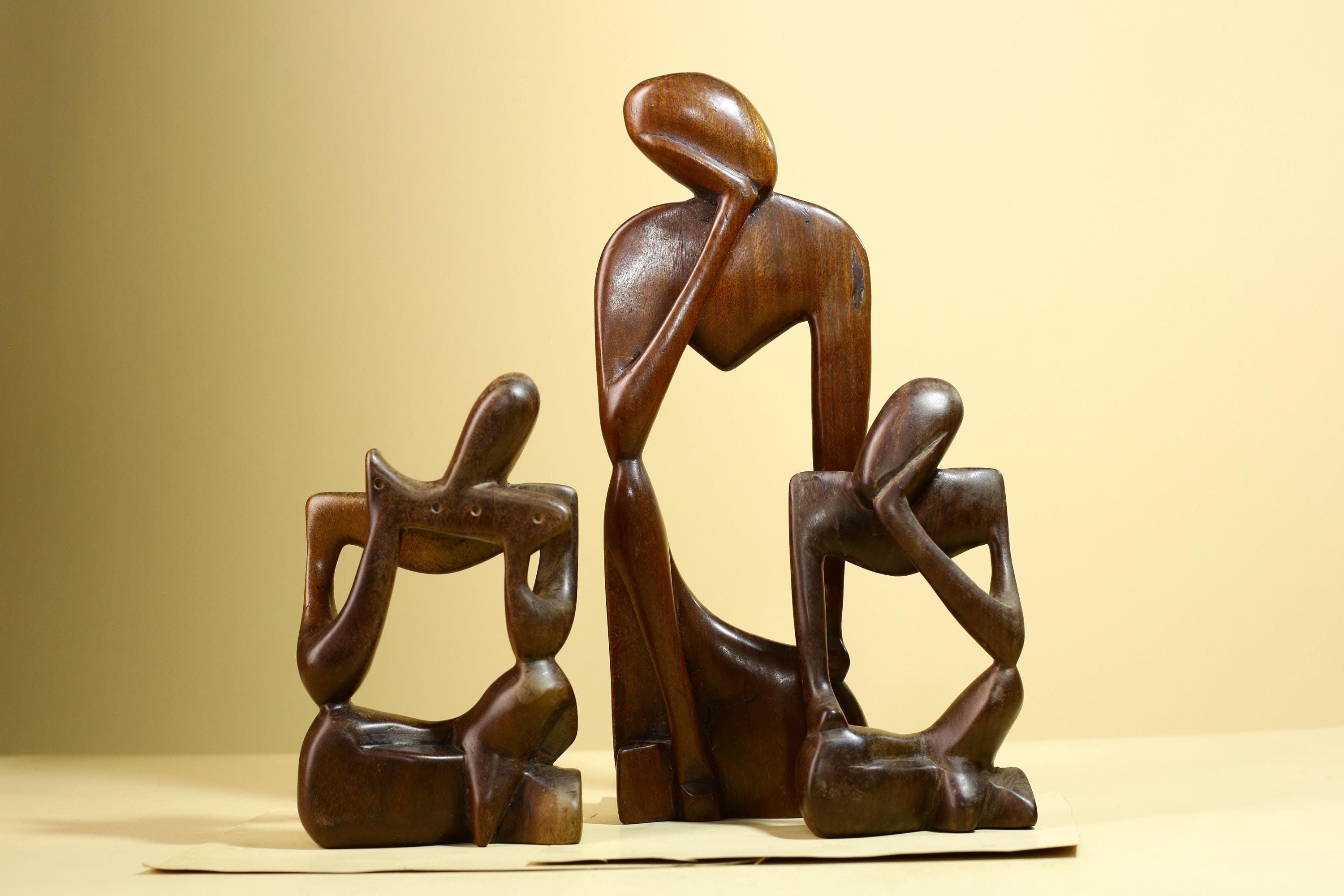 African Abstract Statue Carved Wood Trio Modern Art Decor-G5930