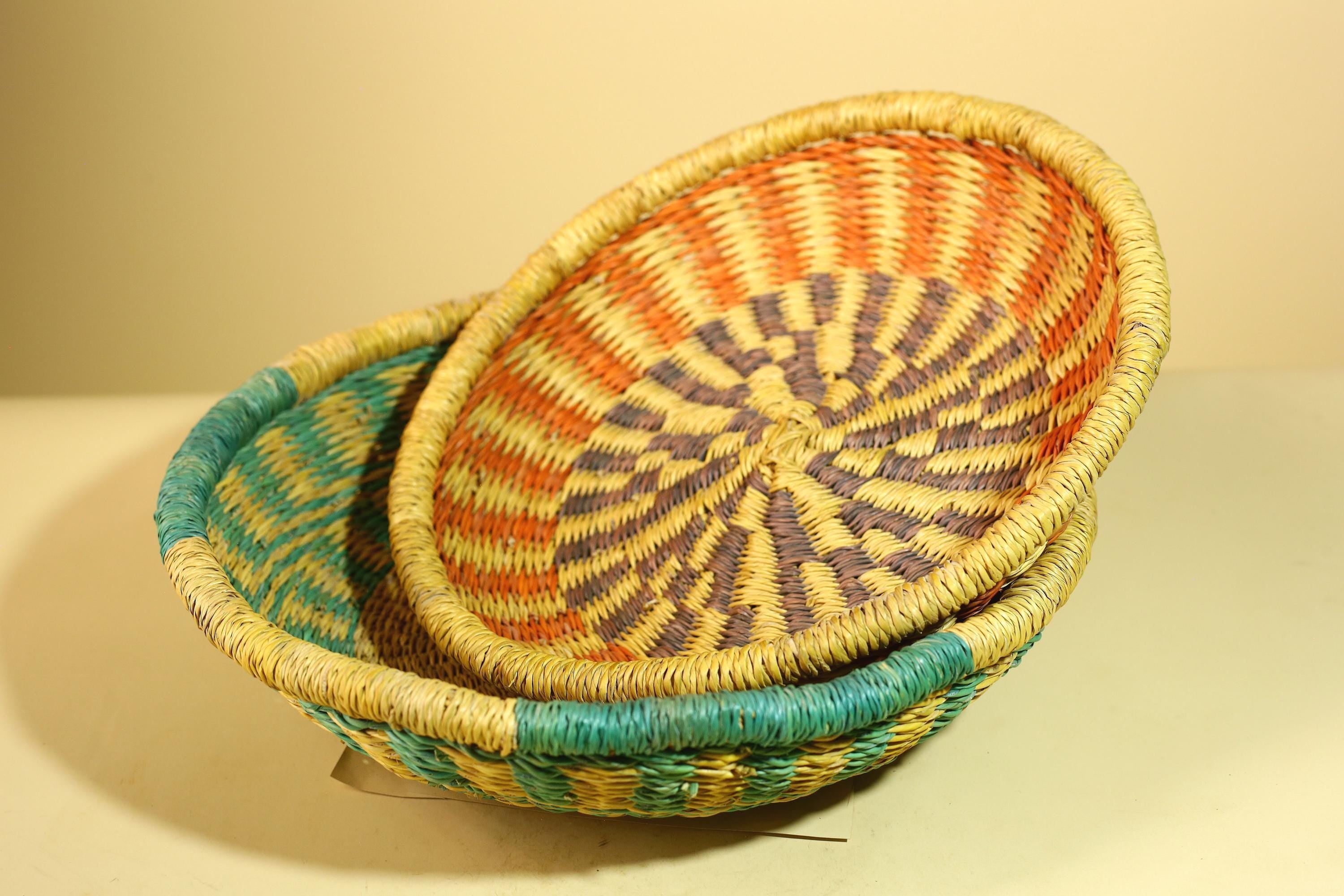 African Woven Basket Set Colorful Straw Craft Handmade Home Decor-G5931