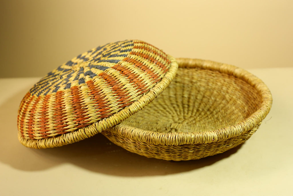 Handwoven African Basket With Lid Natural Grass Colorful Pattern Home Decor-G5932