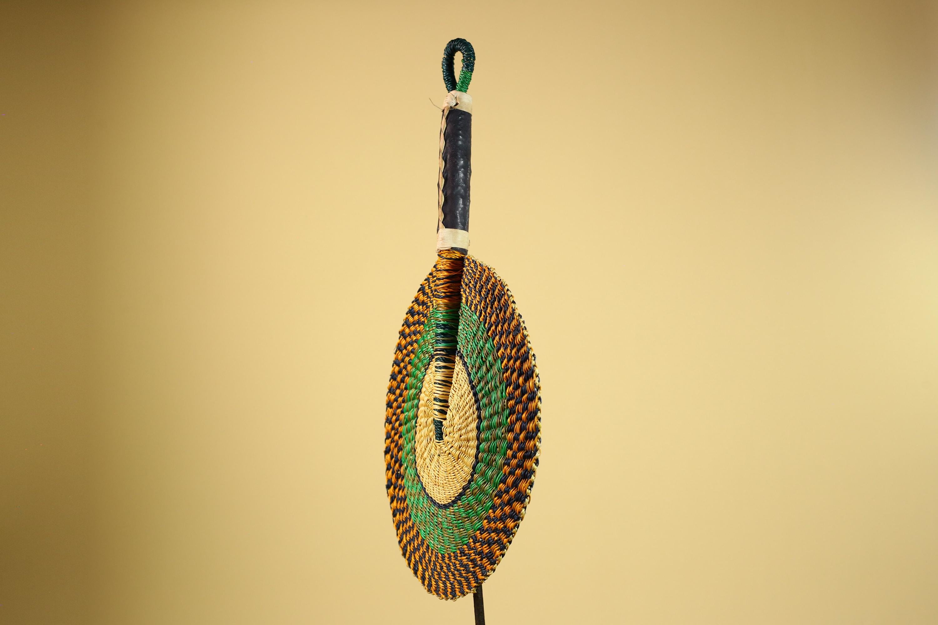 African Woven Fan Straw Bolga Handcrafted Green Yellow Tribal Art Decor-G5933