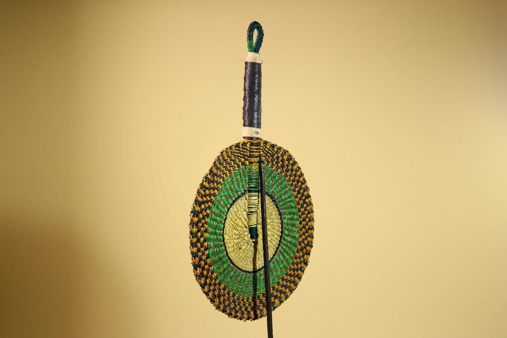 African Woven Fan Straw Bolga Handcrafted Green Yellow Tribal Art Decor-G5933